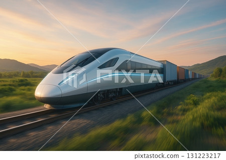 High speed freight train traveling through countryside at sunset High speed freight train traveling through countryside at sunset 131223217
