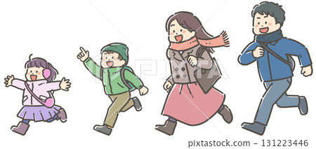 一組有小孩的家庭背著書包跑出去的插圖 131223446