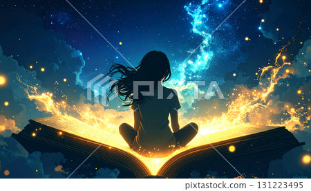 Surreal fantasy scene of a woman sitting on glowing open book, pages lighting up night sky with cosmic stars and magical atmosphere 131223495
