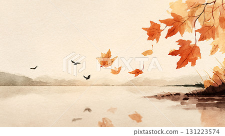 湖邊飄落的落葉和秋葉飄揚的秋天風景插畫 131223574