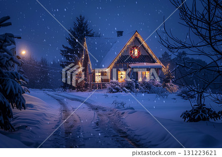 Illustration of a winter landscape with illuminated houses on a snowy night (Christmas/winter scenery) Illustration of a winter landscape with illuminated houses on a snowy night (Christmas/winter scenery) 131223621