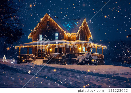 Illustration of a winter landscape with illuminated houses on a snowy night (Christmas/winter scenery) 131223622