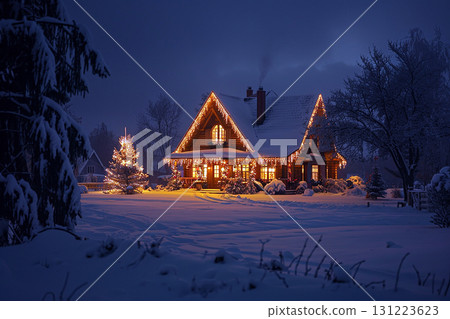 Illustration of a winter landscape with illuminated houses on a snowy night (Christmas/winter scenery) Illustration of a winter landscape with illuminated houses on a snowy night (Christmas/winter scenery) 131223623