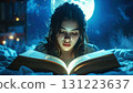 Dreamy night scene of a young woman reading a glowing magical book under moonlight, surrounded by sparkling lights and a surreal fantasy atmosphere 131223637