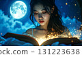 Dreamy night scene of a young woman reading a glowing magical book under moonlight, surrounded by sparkling lights and a surreal fantasy atmosphere 131223638