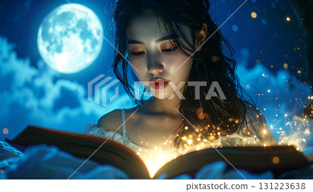 Dreamy night scene of a young woman reading a glowing magical book under moonlight, surrounded by sparkling lights and a surreal fantasy atmosphere 131223638