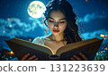 Dreamy night scene of a young woman reading a glowing magical book under moonlight, surrounded by sparkling lights and a surreal fantasy atmosphere 131223639