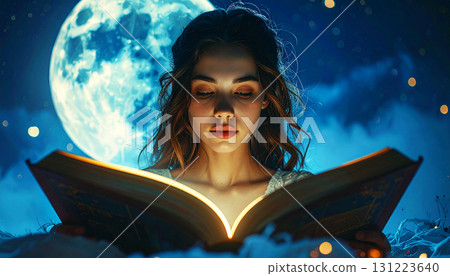 Dreamy night scene of a young woman reading a glowing magical book under moonlight, surrounded by sparkling lights and a surreal fantasy atmosphere 131223640
