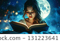 Dreamy night scene of a young woman reading a glowing magical book under moonlight, surrounded by sparkling lights and a surreal fantasy atmosphere 131223641