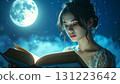 Dreamy night scene of a young woman reading a glowing magical book under moonlight, surrounded by sparkling lights and a surreal fantasy atmosphere 131223642