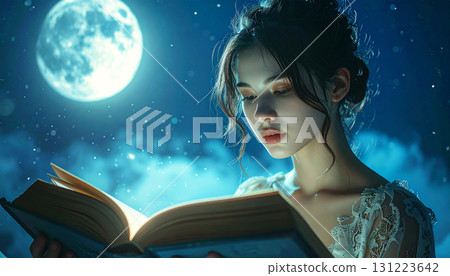 Dreamy night scene of a young woman reading a glowing magical book under moonlight, surrounded by sparkling lights and a surreal fantasy atmosphere 131223642