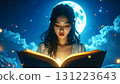 Dreamy night scene of a young woman reading a glowing magical book under moonlight, surrounded by sparkling lights and a surreal fantasy atmosphere 131223643