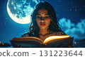 Dreamy night scene of a young woman reading a glowing magical book under moonlight, surrounded by sparkling lights and a surreal fantasy atmosphere 131223644