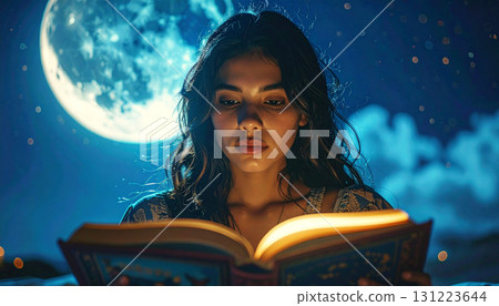 Dreamy night scene of a young woman reading a glowing magical book under moonlight, surrounded by sparkling lights and a surreal fantasy atmosphere 131223644