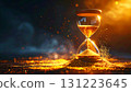 hourglass with sand, Photorealistic hourglass with golden sand flowing, dramatic glowing light, symbolizing time, eternity, and fleeting moments in life 131223645