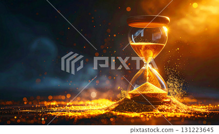 hourglass with sand, Photorealistic hourglass with golden sand flowing, dramatic glowing light, symbolizing time, eternity, and fleeting moments in life 131223645