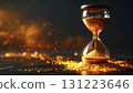 hourglass with sand, Photorealistic hourglass with golden sand flowing, dramatic glowing light, symbolizing time, eternity, and fleeting moments in life 131223646