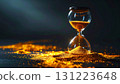 hourglass with sand, Photorealistic hourglass with golden sand flowing, dramatic glowing light, symbolizing time, eternity, and fleeting moments in life 131223648