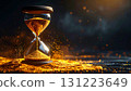 hourglass with sand, Photorealistic hourglass with golden sand flowing, dramatic glowing light, symbolizing time, eternity, and fleeting moments in life 131223649