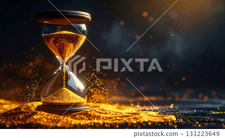 hourglass with sand, Photorealistic hourglass with golden sand flowing, dramatic glowing light, symbolizing time, eternity, and fleeting moments in life 131223649