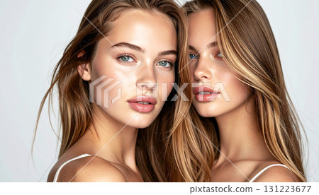 Photorealistic portrait of a woman with long shiny hair, natural beauty, soft skin, freckles, and clean studio lighting on white background. 131223677