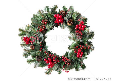 帶有紅色漿果的聖誕花圈剪紙插圖（PNG） 131223747