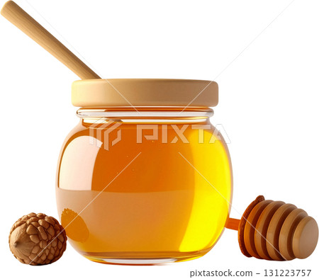 honey and wooden spoon isolated on white 131223757