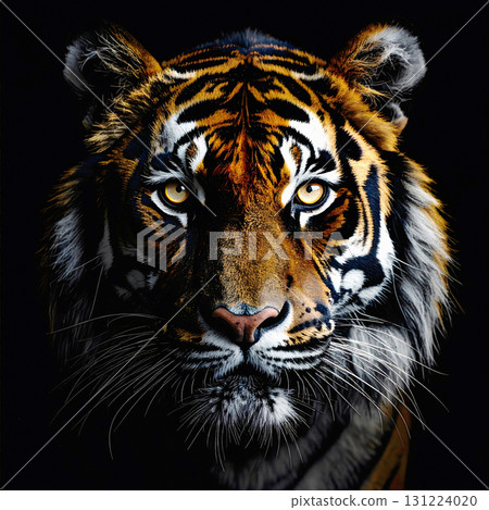 Majestic tiger face with piercing golden eyes in darkness 131224020