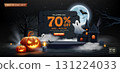Happy Halloween Sale black podium, Night castle, pumpkin, ghosts and bat flying, banner design 131224033