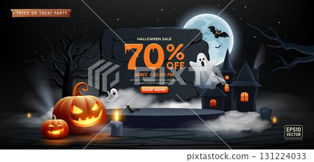 Happy Halloween Sale black podium, Night castle, pumpkin, ghosts and bat flying, banner design 131224033