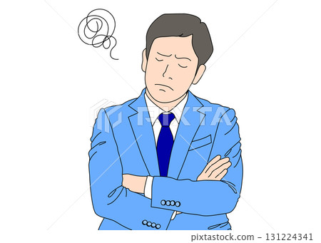 Illustration of a worried businessman with his arms folded, front view, color blue Illustration of a worried businessman with his arms folded, front view, color blue 131224341