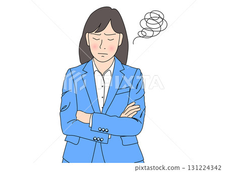Illustration of a worried business woman with her arms folded, front view, color blue 131224342
