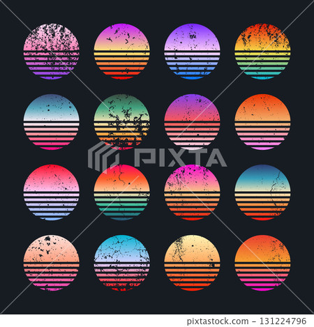 Grunge vintage colorful sunset. Striped gradient sunrise badges in 80s and 90s style. Sun and ocean view, summer vibes, surfing. Design element for print, logo or t-shirt. Vector illustration 131224796