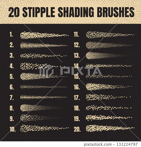 Ink scatter brush, stipple drawing and texturing. Fading gradient. Stippling, dotwork drawing, shading using dots. Halftone disintegration effect. White noise grainy texture. Vector illustration 131224797