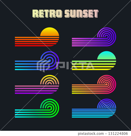 Vintage colorful sunset. Various gradient striped sunrise badges in 80s and 90s style. Sun and ocean view, summer vibes, surfing. Design element for print, logo or t-shirt. Vector illustration Vintage colorful sunset. Various gradient striped sunrise badges in 80s and 90s style. Sun and ocean view, summer vibes, surfing. Design element for print, logo or t-shirt. Vector illustration 131224806