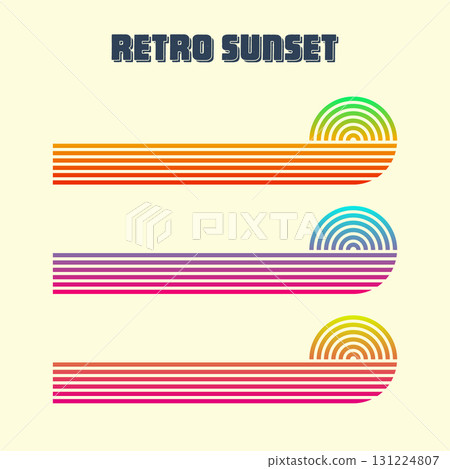 Vintage colorful sunset. Various gradient striped sunrise badges in 80s and 90s style. Sun and ocean view, summer vibes, surfing. Design element for print, logo or t-shirt. Vector illustration Vintage colorful sunset. Various gradient striped sunrise badges in 80s and 90s style. Sun and ocean view, summer vibes, surfing. Design element for print, logo or t-shirt. Vector illustration 131224807