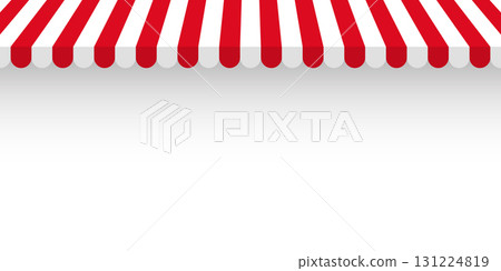 Shop sunshade. Realistic striped cafe awning. Outdoor market tent. Roof canopy. Summer street store. Vector illustration 131224819
