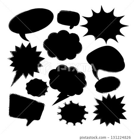 Grunge comic speech bubbles with brush strokes, ink smudges, acrylic stains or charcoal streaks. Hand drawn retro cartoon stickers. Chatting, message box. Vector illustration Grunge comic speech bubbles with brush strokes, ink smudges, acrylic stains or charcoal streaks. Hand drawn retro cartoon stickers. Chatting, message box. Vector illustration 131224826