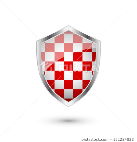 Glossy shield with red and black pattern. Security and protection concept. Cyber safety icons, internet privacy, web defense, digital data protection and antivirus themes. Vector illustration 131224828
