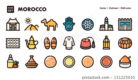 摩洛哥圖標插圖集 - 文化、美食和傳統的向量插圖 131225010
