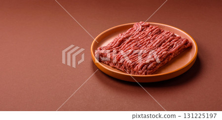 Raw ground beef meat food, ingredient for making cutlets or meatballs. Raw ground beef 131225197