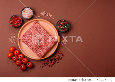 Raw ground beef meat food, ingredient for making cutlets or meatballs. Raw ground beef 131225209
