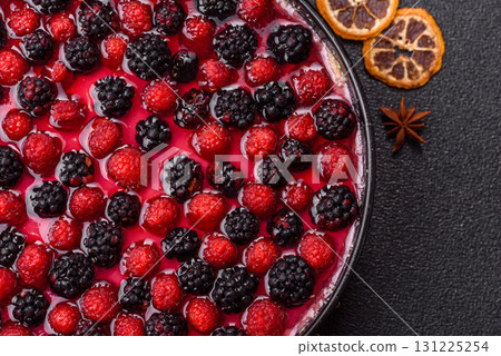 Pie, cheesecake with raspberries and blackberries, mascarpone cheese. Piece of cheesecake Pie, cheesecake with raspberries and blackberries, mascarpone cheese. Piece of cheesecake 131225254