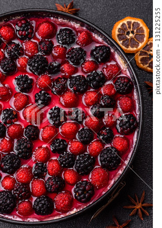 Pie, cheesecake with raspberries and blackberries, mascarpone cheese. Piece of cheesecake Pie, cheesecake with raspberries and blackberries, mascarpone cheese. Piece of cheesecake 131225255