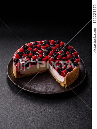 Pie, cheesecake with raspberries and blackberries, mascarpone cheese. Piece of cheesecake 131225273
