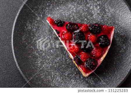 Pie, cheesecake with raspberries and blackberries, mascarpone cheese. Piece of cheesecake Pie, cheesecake with raspberries and blackberries, mascarpone cheese. Piece of cheesecake 131225283