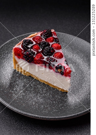 Pie, cheesecake with raspberries and blackberries, mascarpone cheese. Piece of cheesecake Pie, cheesecake with raspberries and blackberries, mascarpone cheese. Piece of cheesecake 131225289