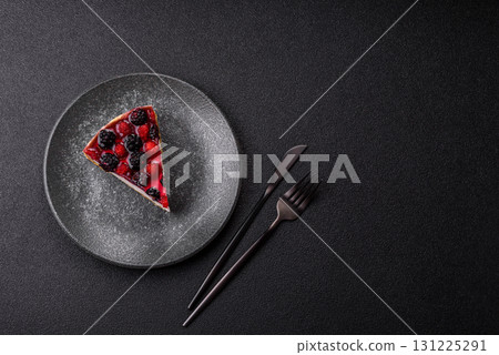 Pie, cheesecake with raspberries and blackberries, mascarpone cheese. Piece of cheesecake Pie, cheesecake with raspberries and blackberries, mascarpone cheese. Piece of cheesecake 131225291