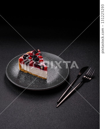 Pie, cheesecake with raspberries and blackberries, mascarpone cheese. Piece of cheesecake Pie, cheesecake with raspberries and blackberries, mascarpone cheese. Piece of cheesecake 131225293