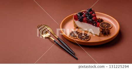 Pie, cheesecake with raspberries and blackberries, mascarpone cheese. Piece of cheesecake Pie, cheesecake with raspberries and blackberries, mascarpone cheese. Piece of cheesecake 131225294